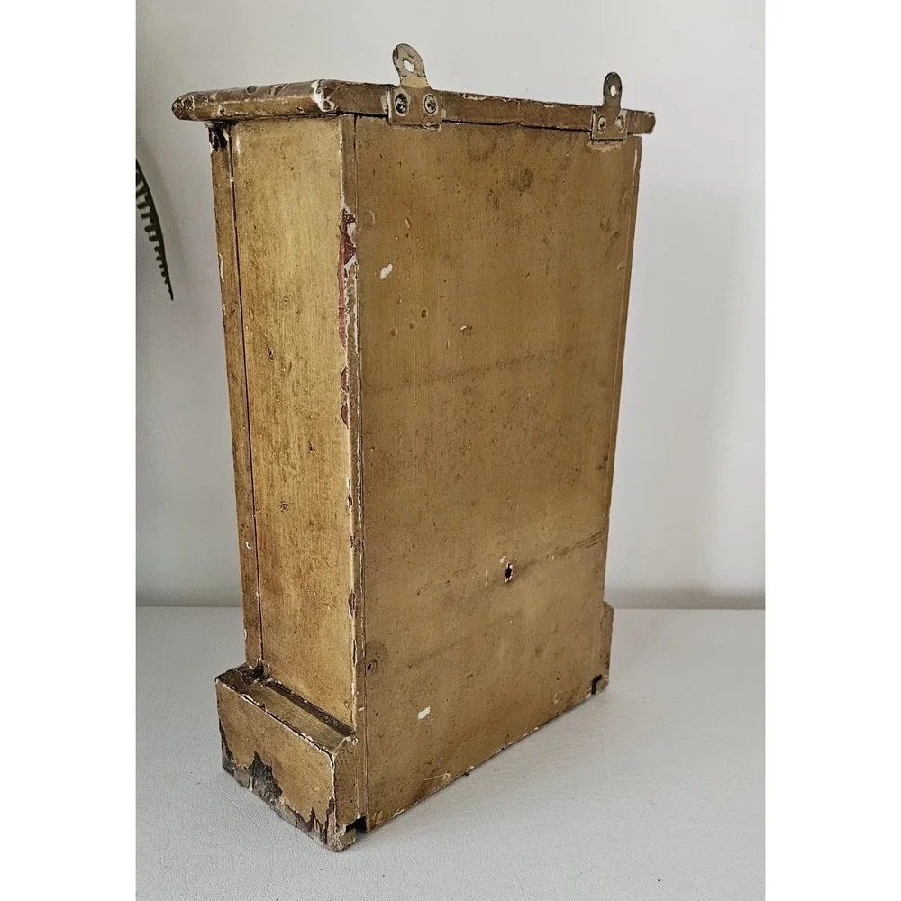 Primitive Wood Wall Cabinet Old Mustard Yellow Glass Panels